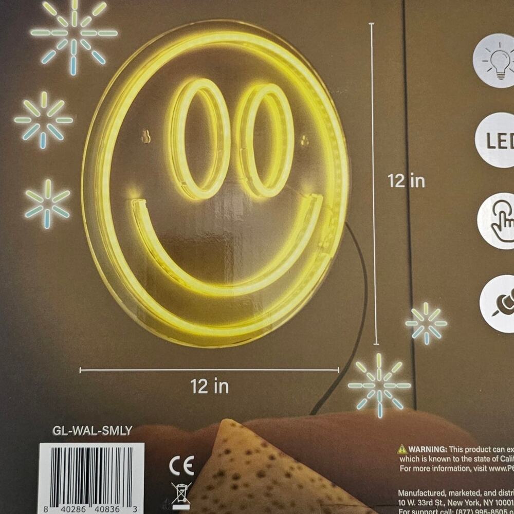 Glow by Outshine Co Smiley Face LED Neon Light Yellow Wall Decor 12 Inch NEW - Picture 3 of 10